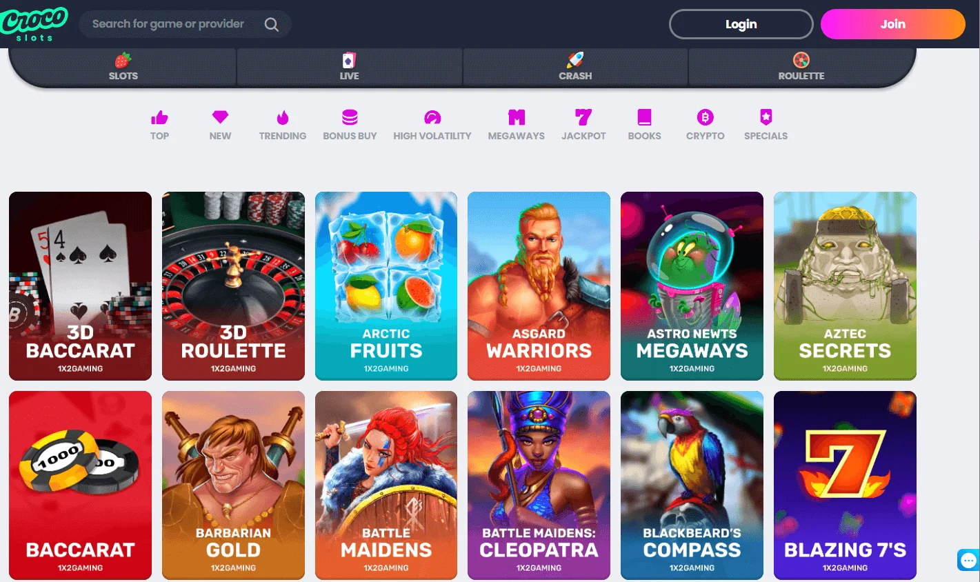 Crocoslots Casino game categories on desktop