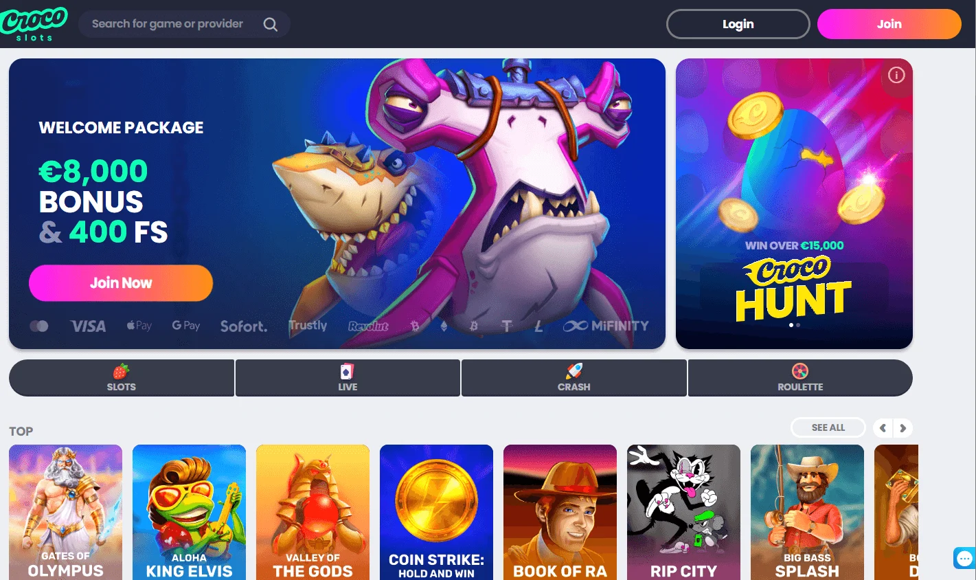 Crocoslots Casino game catalogue on desktop